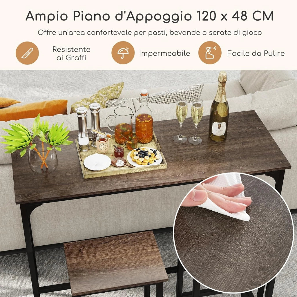 Tavolo con 2 Sgabelli in Metallo e Legno, Set da Pranzo 3 Pezzi, Tavolo Rettangolare da Cucina con 2 Sedie per Sala da Pranzo, Appartamento e Bistro, Stile Retrò (Grigio)