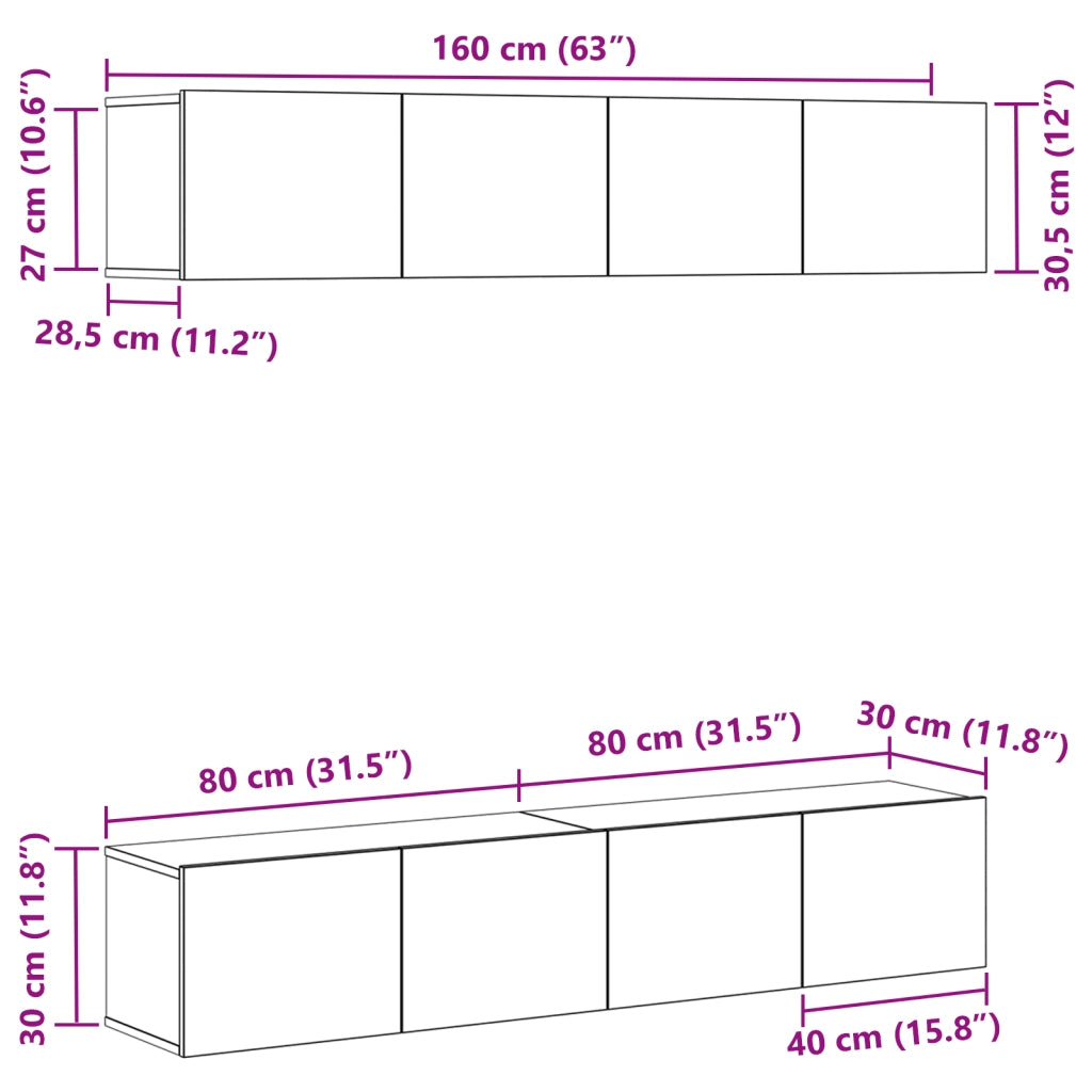Set di mobili TV a parete in 4 pezzi in legno ingegnerizzato nero e rovere