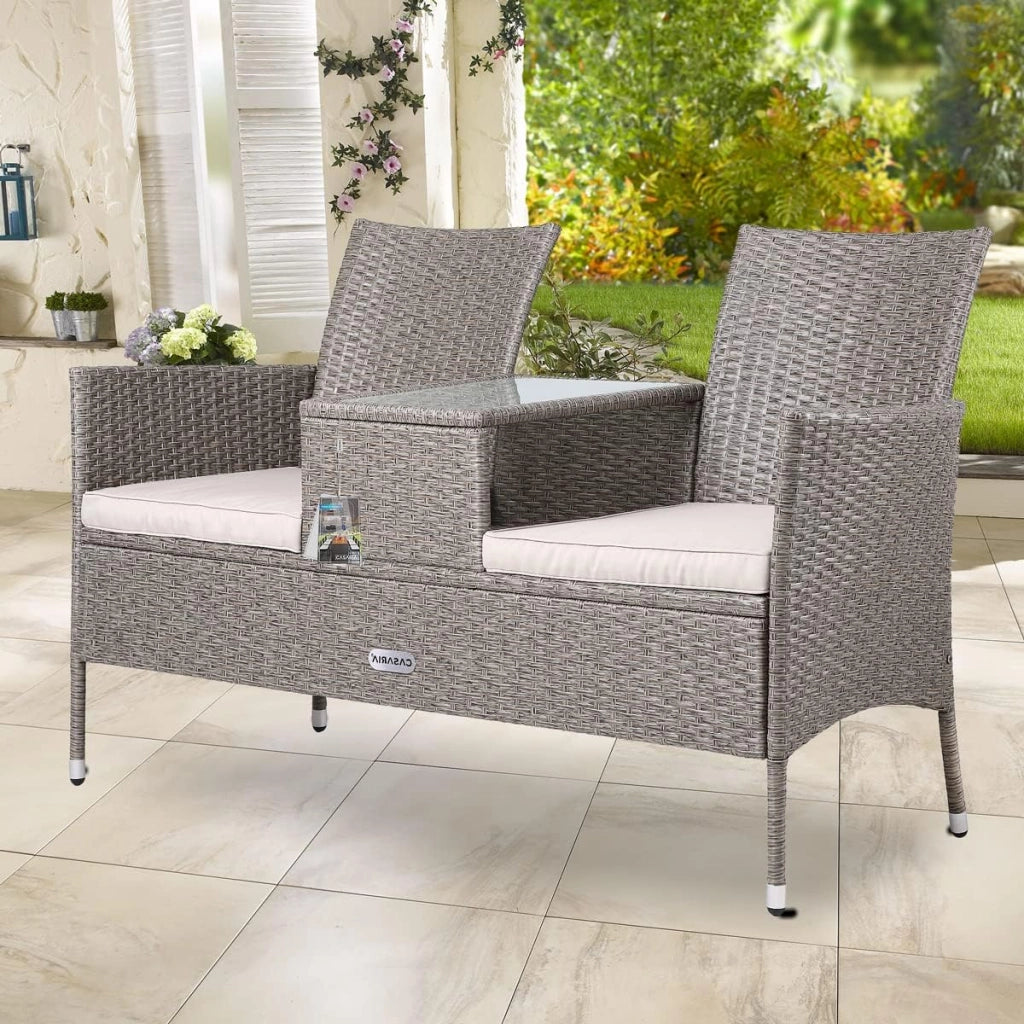 Panchina da Esterno con Tavolino Polyrattan DivanettoCon Cuscini Resistente alle Intemperie