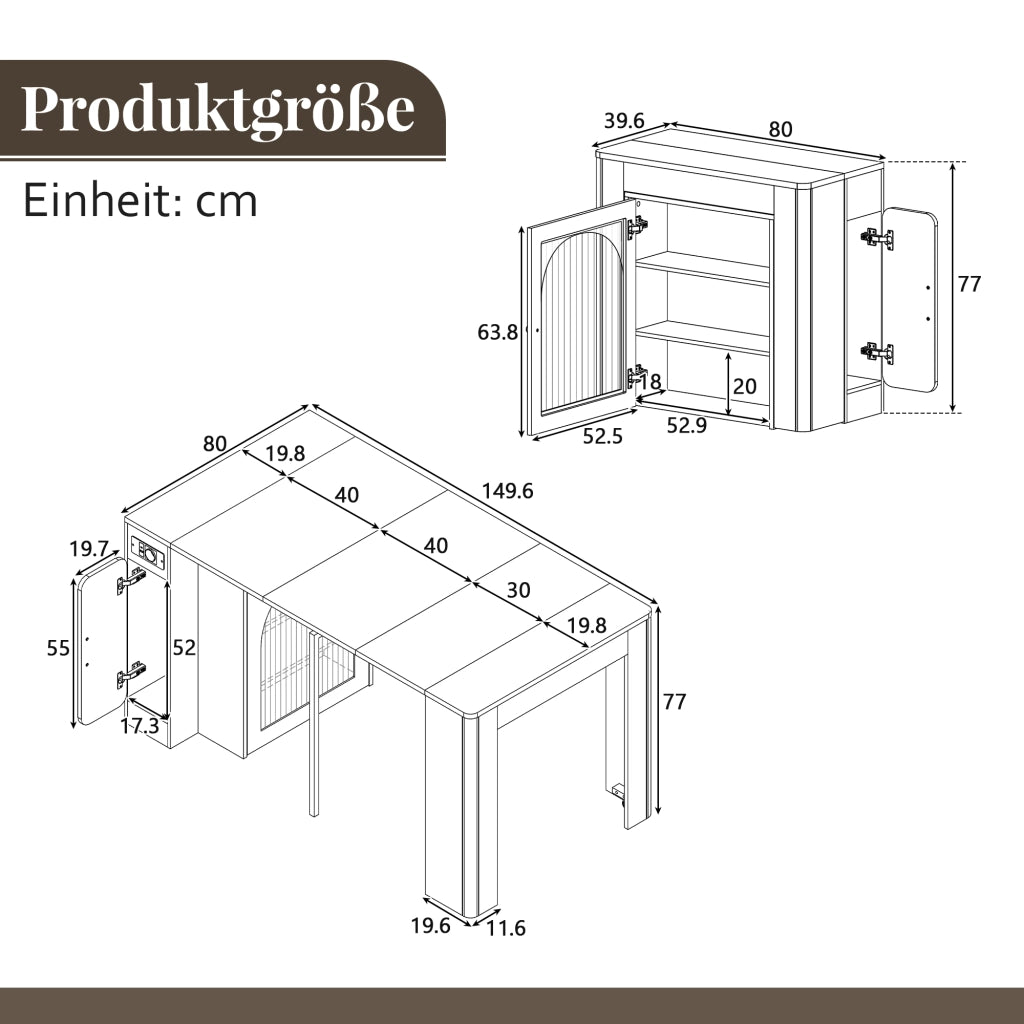 Carrello da cucina con Tavolo allungabile; 3 Scomparti; Ruote; LED e Presa; MDF Vetro; Bianco Nero