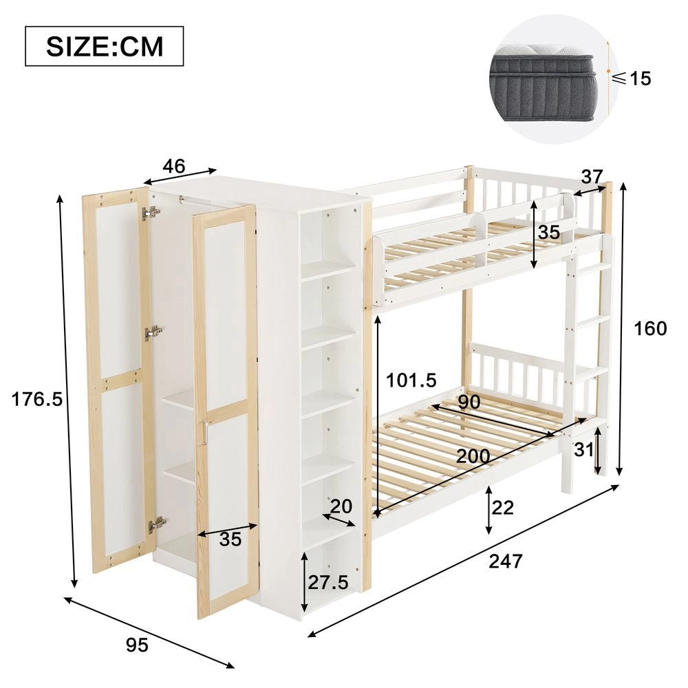 Letto a castello 90x200cm - Xylo - bianco/naturale, 6 ripiani, sicuro