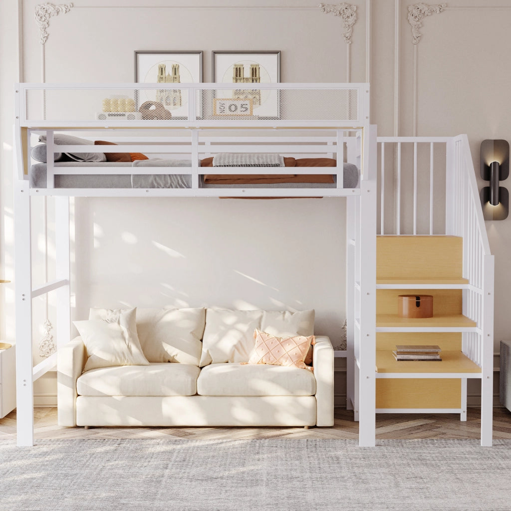 DESMIU Letto a soppalco Letto singolo 90 × 200 cm 1 posto con scala di sicurezza e ripiano removibile, senza materasso