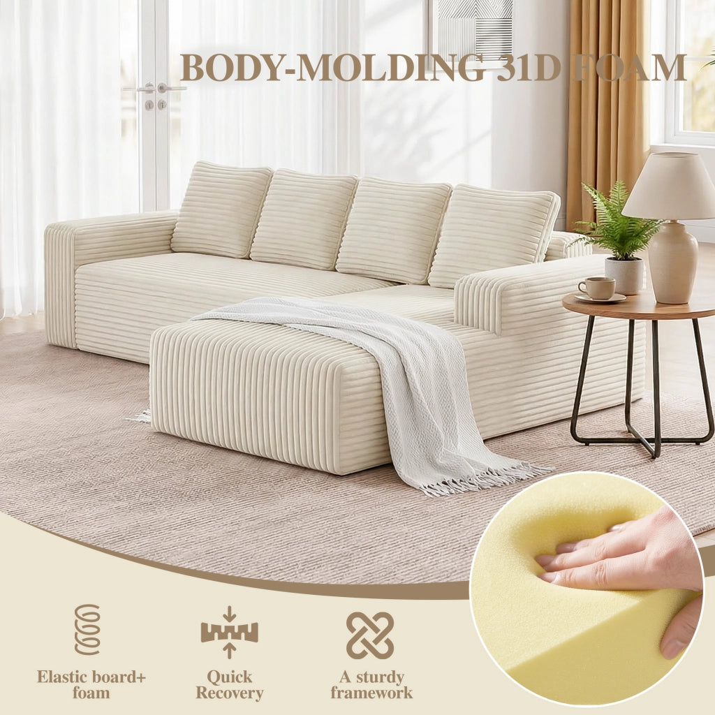 Divano angolare modulare componibile con chaise reversibile e seduta profonda senza montaggio in velluto a coste beige