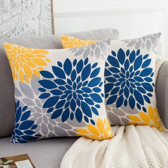 Cuscini di supporto moderni - 2 pezzi - Giallo e blu marino - Lino - 45 x 45 cm