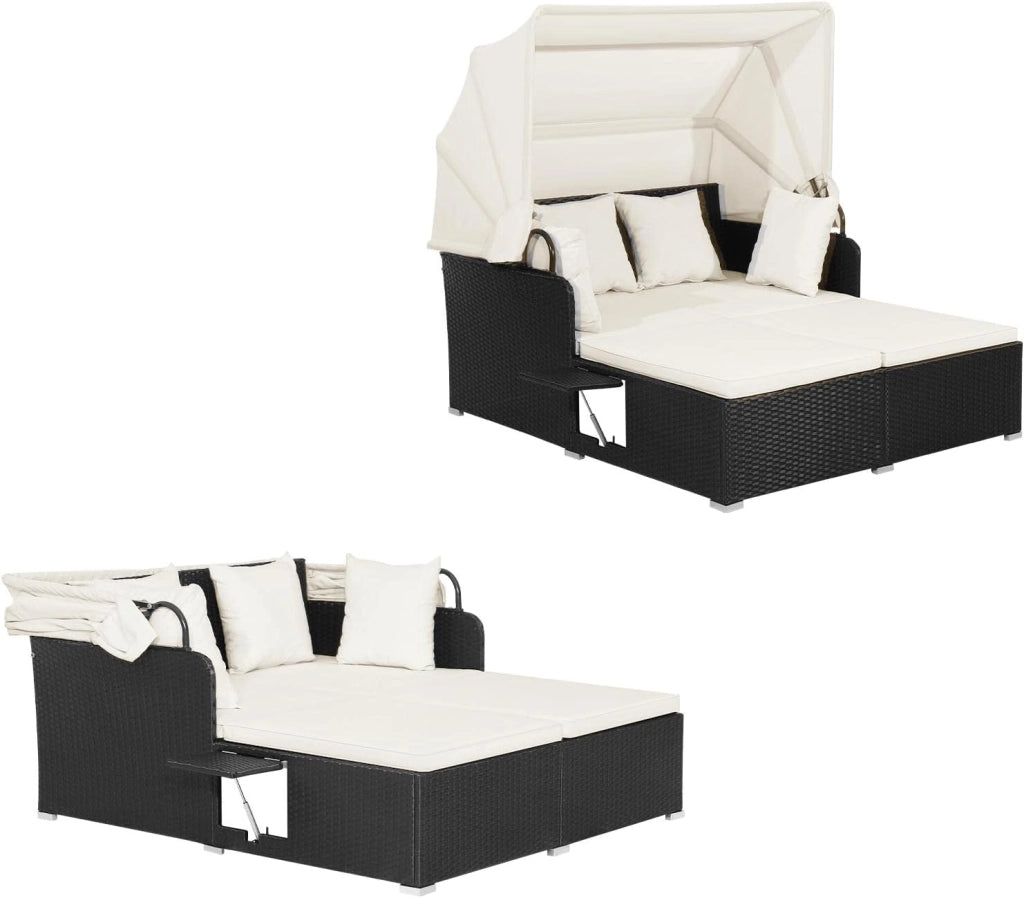Isola Prendisole in Rattan per 2, Portato fino a 360 kg, Lettino Prendisole con Tettuccio Parasole Pieghevole, Cuscino e Pannelli Laterali, 165 x 153 x 70 cm