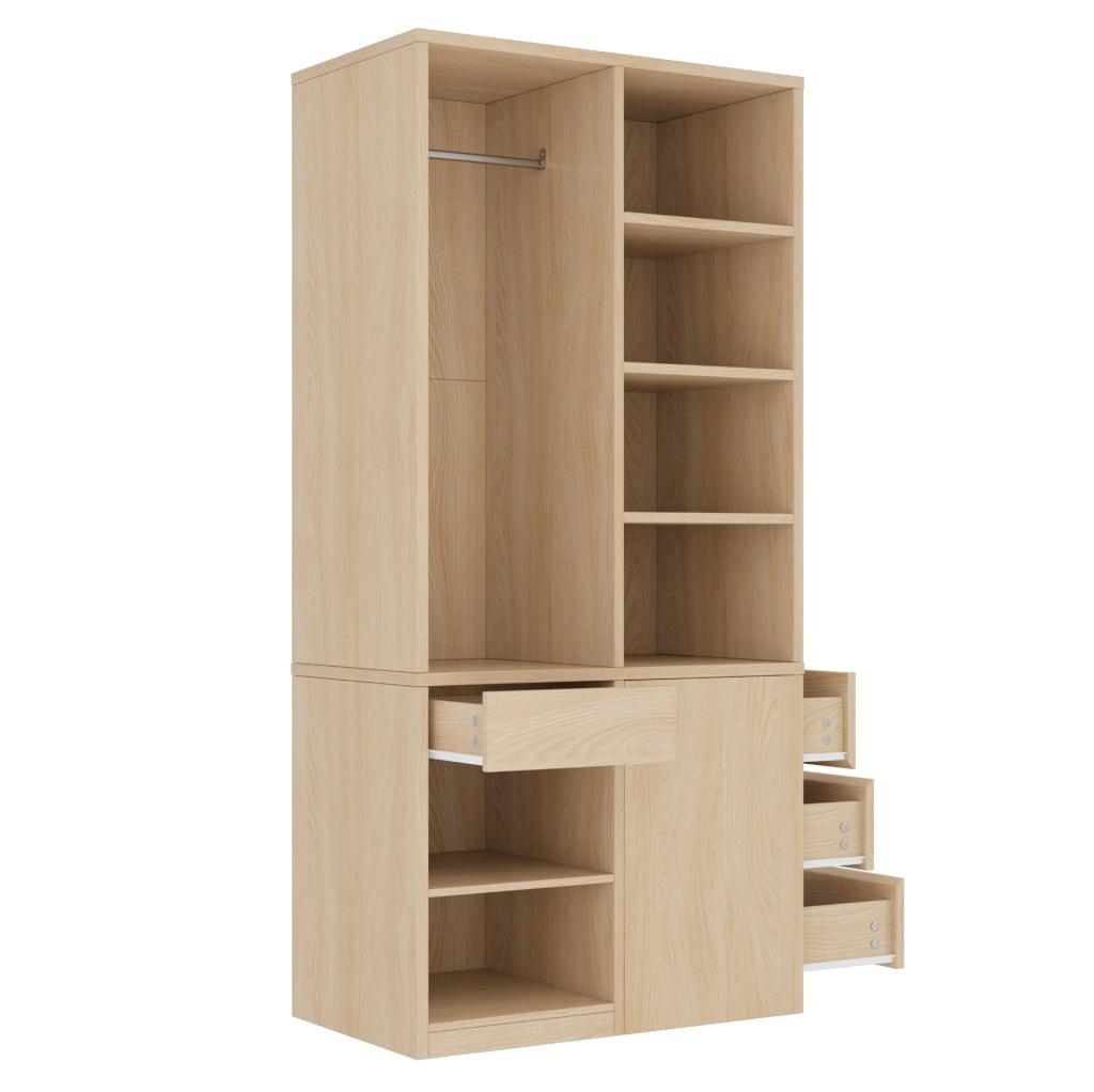 Armadio guardaroba 70x50x170 cm con appendiabiti; ripiani aperti e cassetti in MDF e compensato