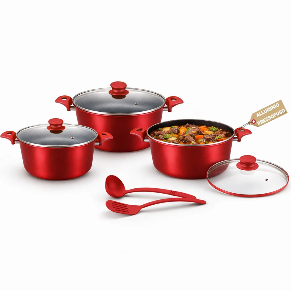 Set 3 Casseruole Milena Rosso con Coperchi e Mestoli Piano Cottura Universale