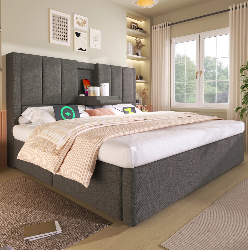 Letto matrimoniale imbottito 140x200 cm con contenitore; porta bicchieri e ricarica USB; lino grigio con materasso