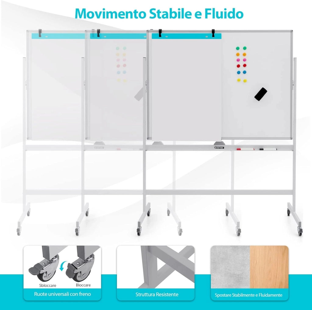 Lavagna Bianca Magnetica Doppia, Lavagna Bianca Regolabile in Altezza e Ruote Bloccabili, 6 Pennarelli, 12 Calamite e 1 Cancellino, Ideale per Casa Ufficio e Scuola, 126 x 53,5 x 160-180 cm