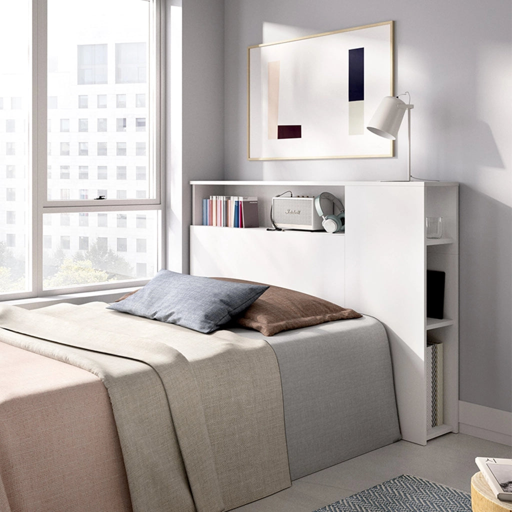 Lander, Testiera Letto con Vani Libreria, 23x127 cm Bianco