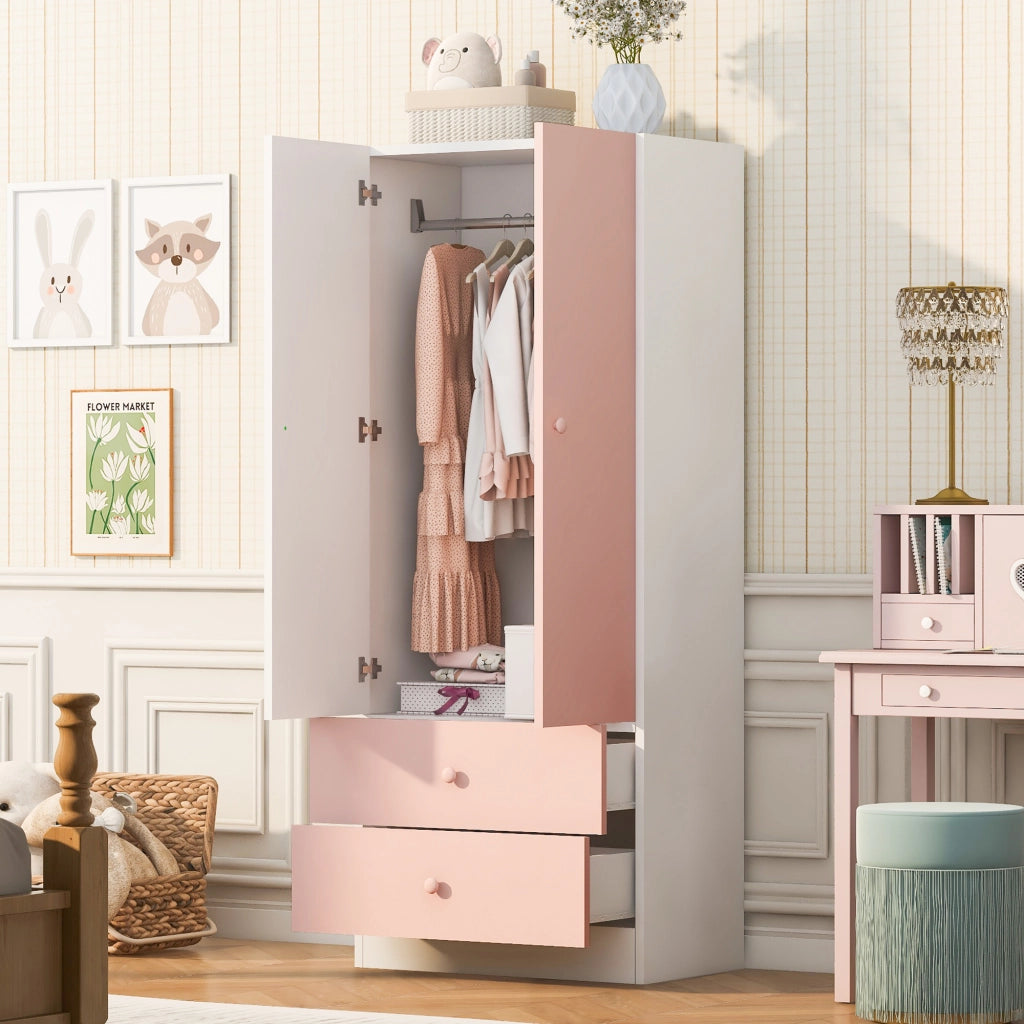 Armadio con vano appendiabiti e 2 cassetti design bicolore per camera da letto in MDF e compensato rosa 70×40×170 cm