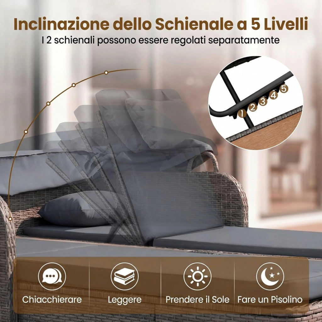 Letto Prendisole Matrimoniale per 2 Persone, Lettino da Giardino in Rattan con Tetto Retrattile e Schienali Regolabili, Isola Prendisole con Tavolino e Portabicchieri per Relax (Grigio)
