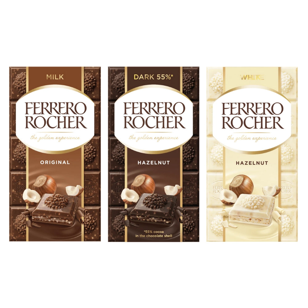 Ferrero rocher original tavolette di cioccolato al latte fondente e bianco da 90 grammi