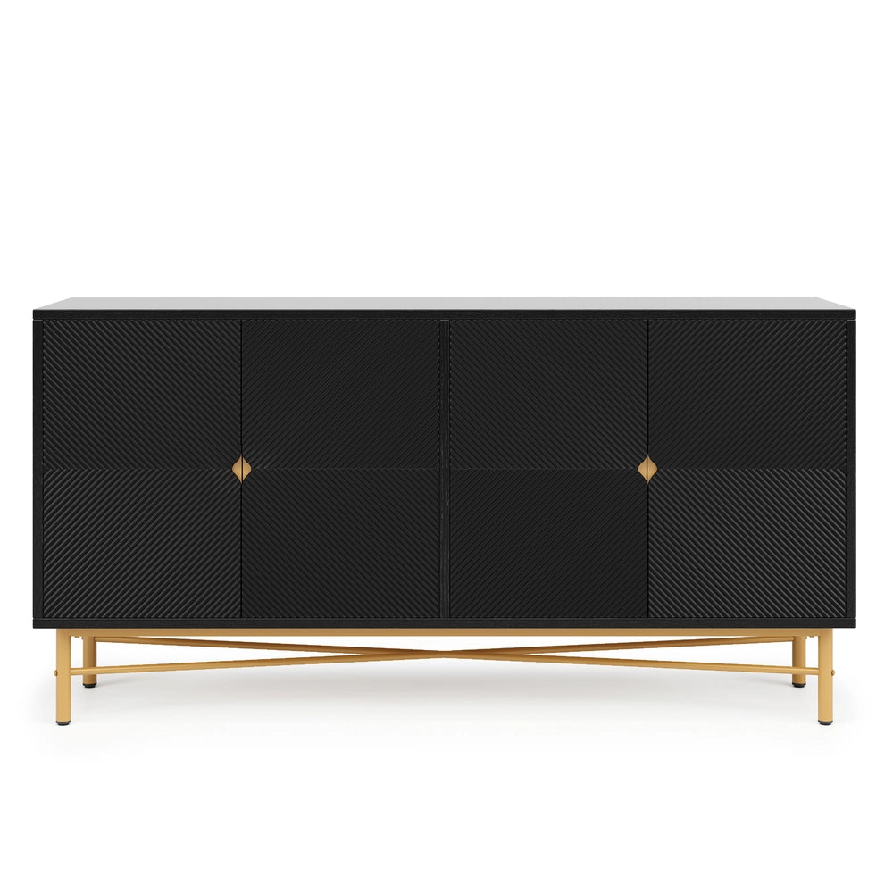 Credenza 4 Ante con Texture in Rilievo ¨C MINIMAL ¨C Nero Lucido, Gambe Dorate, 160x40x82cm