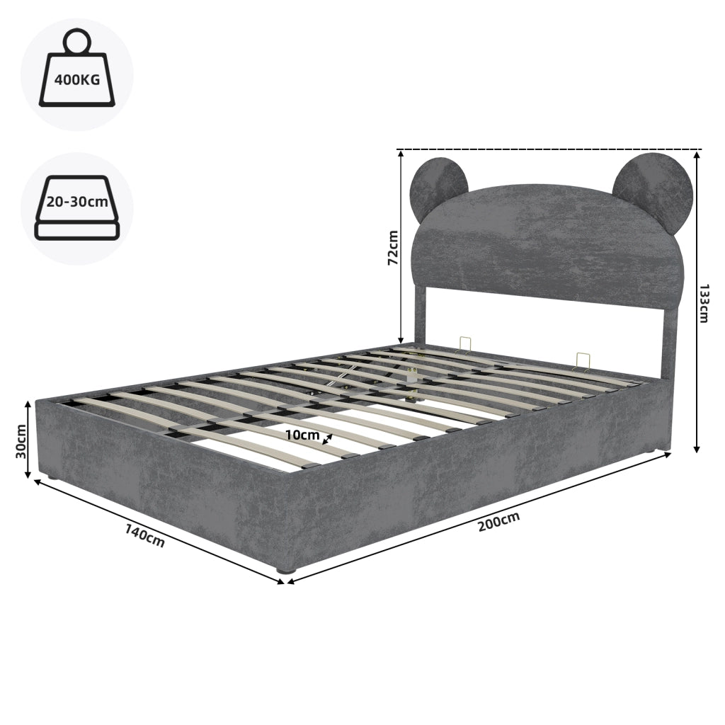 Letto Matrimoniale 140x200 cm; Testiera Sagomata; Contenitore a Gas - in Tessuto e Metallo - Grigio
