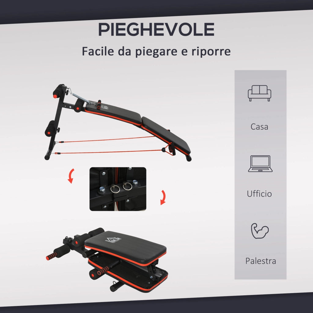 Panca per Addominali Pieghevole e Regolabile con Vogatore e 2 Corde, in Acciaio 51x137x50-66 cm, Nera e Rossa