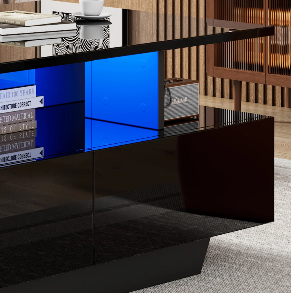 Tavolino da caffè moderno lucido con LED e 2 cassetti 90x55x41 cm; nero