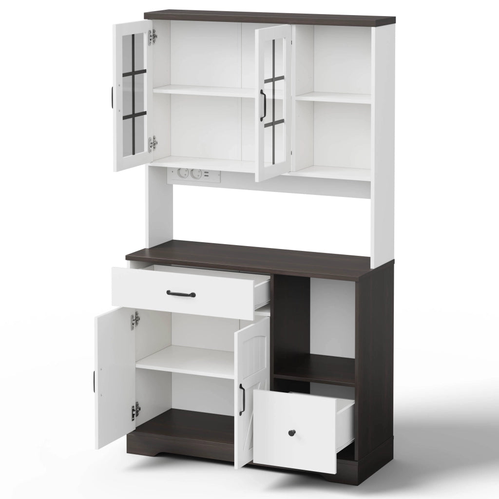 Credenza da cucina vintage con LED RGB, prese USB/AC, ripiani regolabili e cassetti, 105x40x185 cm