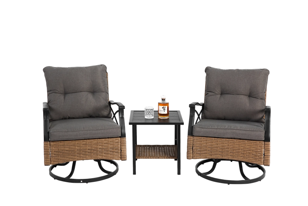 Set 3 Pezzi da Giardino con Tavolo e 2 Sedie a Dondolo Girevoli in Rattan ¨C Xylo ¨C Marrone