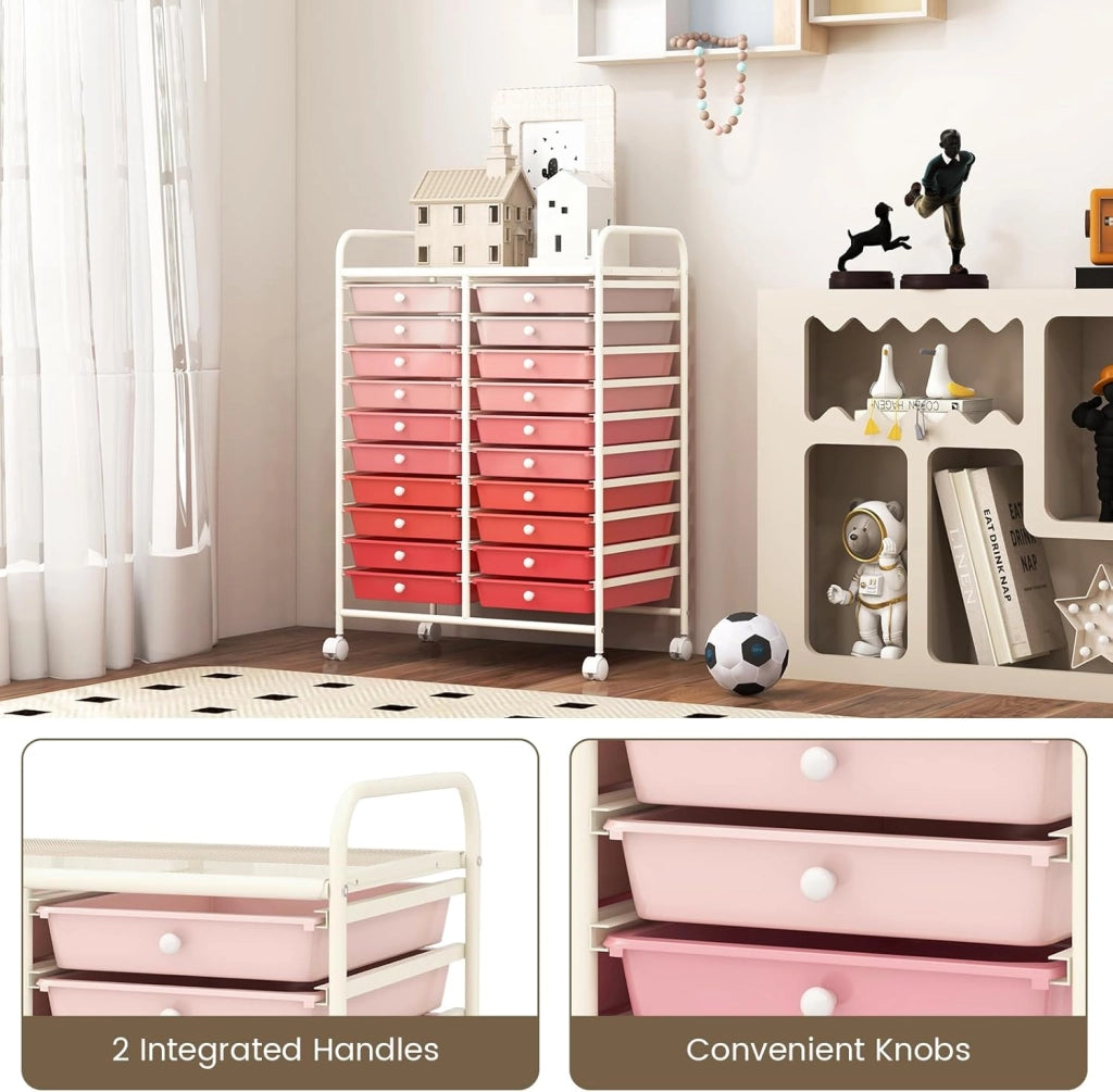 Carrello con 20 cassetti, impilabile, per cassetti, da cucina, bagno, ufficio, 64 x 39 x 88 cm (rosso + rosa)