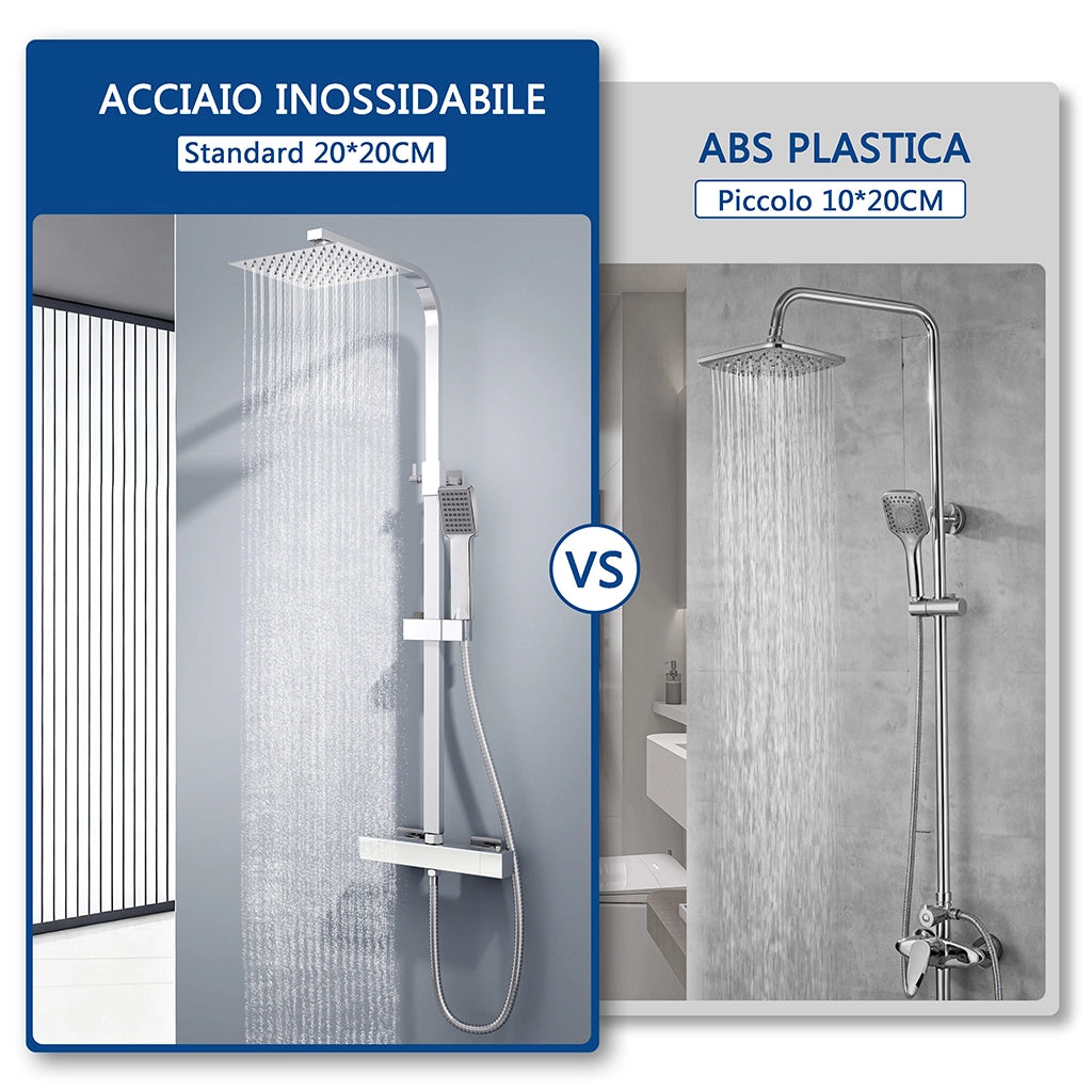 colonna doccia quadrata completo di miscelatore termostatico rettangolo, soffione quadrato 20x20cm, cromo