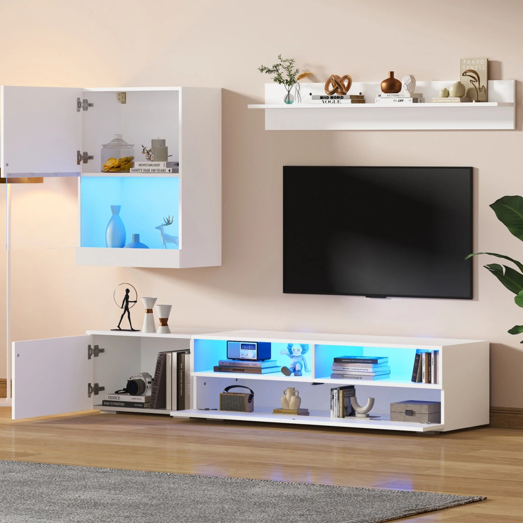 Parete attrezzata TV bianca 3 pezzi con LED, mobili TV 175 cm
