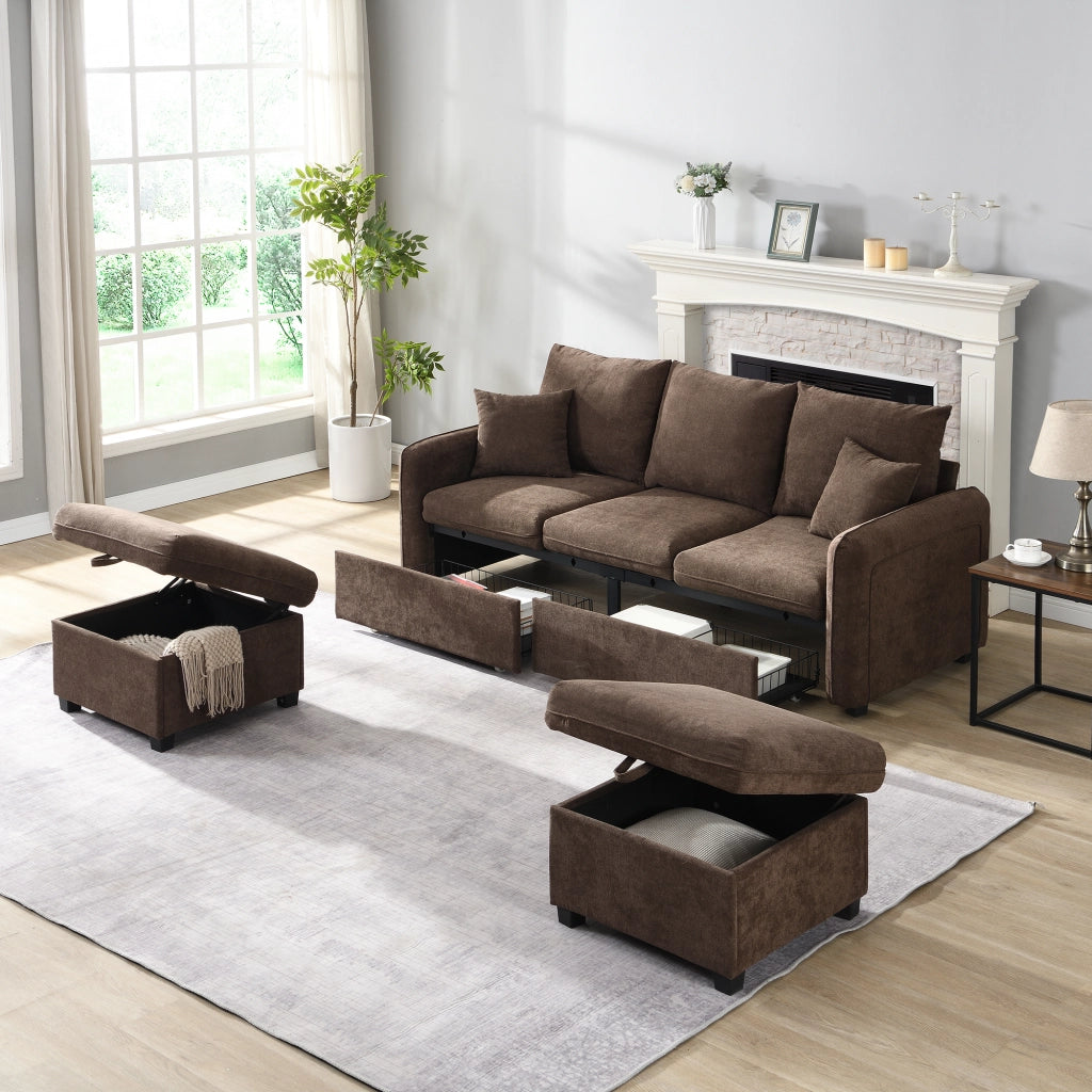 OKWISH Divano ad Angolo Modulare 3 Posti, Funzione Letto con Contenitore e 2 Pouf, Ciniglia e Schiuma, Marrone Antico
