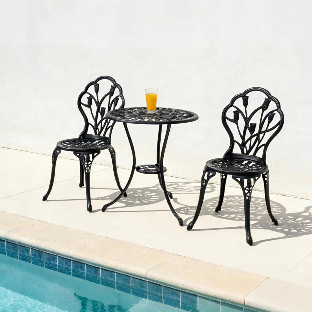 Set da Giardino 3 Pezzi, Tavolo da Bistrot con 2 Sedie in Alluminio Pressofuso, Tavolo con Foro per Ombrellone e Piedini Regolabili, Mobili Resistenti per Balcone, Terrazza e Cortile
