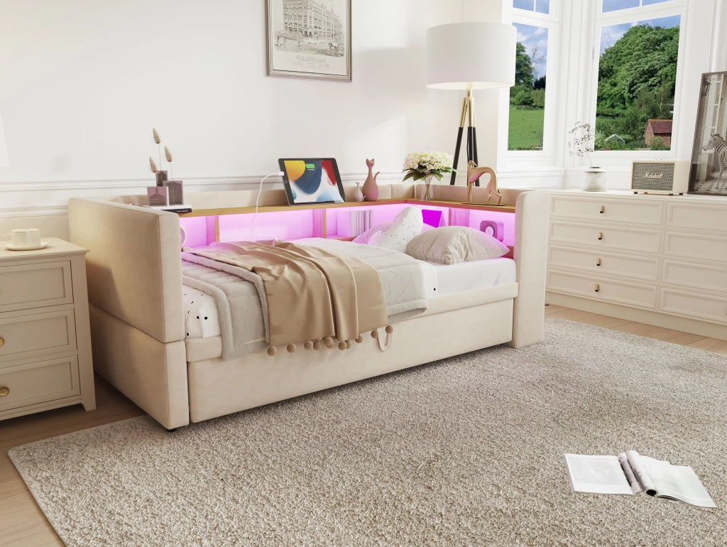 DESMIU Divano letto 90/180 × 190 cm 1 posto con LED, prese e vani portaoggetti, senza materasso, beige