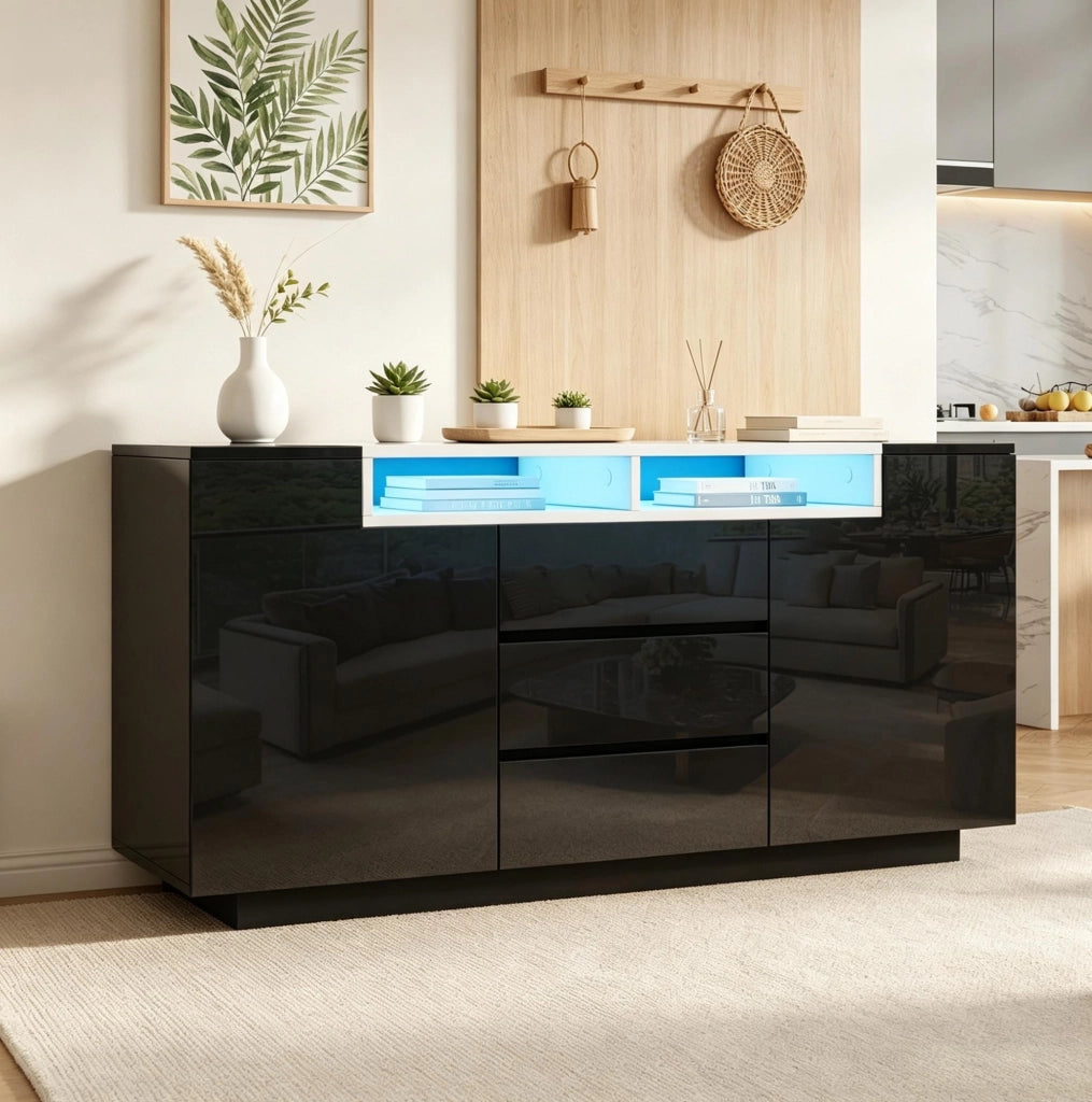 Credenza ULEVR 140x40x68 cm con 2 ante, 3 cassetti, ripiani semiaperti e LED, nero lucido