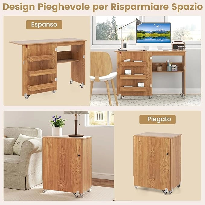 Tavolo da Cucito Pieghevole, Mobile per Macchina da Cucire con Ripiano Portaoggetti, 3 Scomparti Nascosti e Ruote Bloccabili, Mobile Multiuso per Piccoli Spazi (Legno, 118,5 x 40 x 79,5 cm)