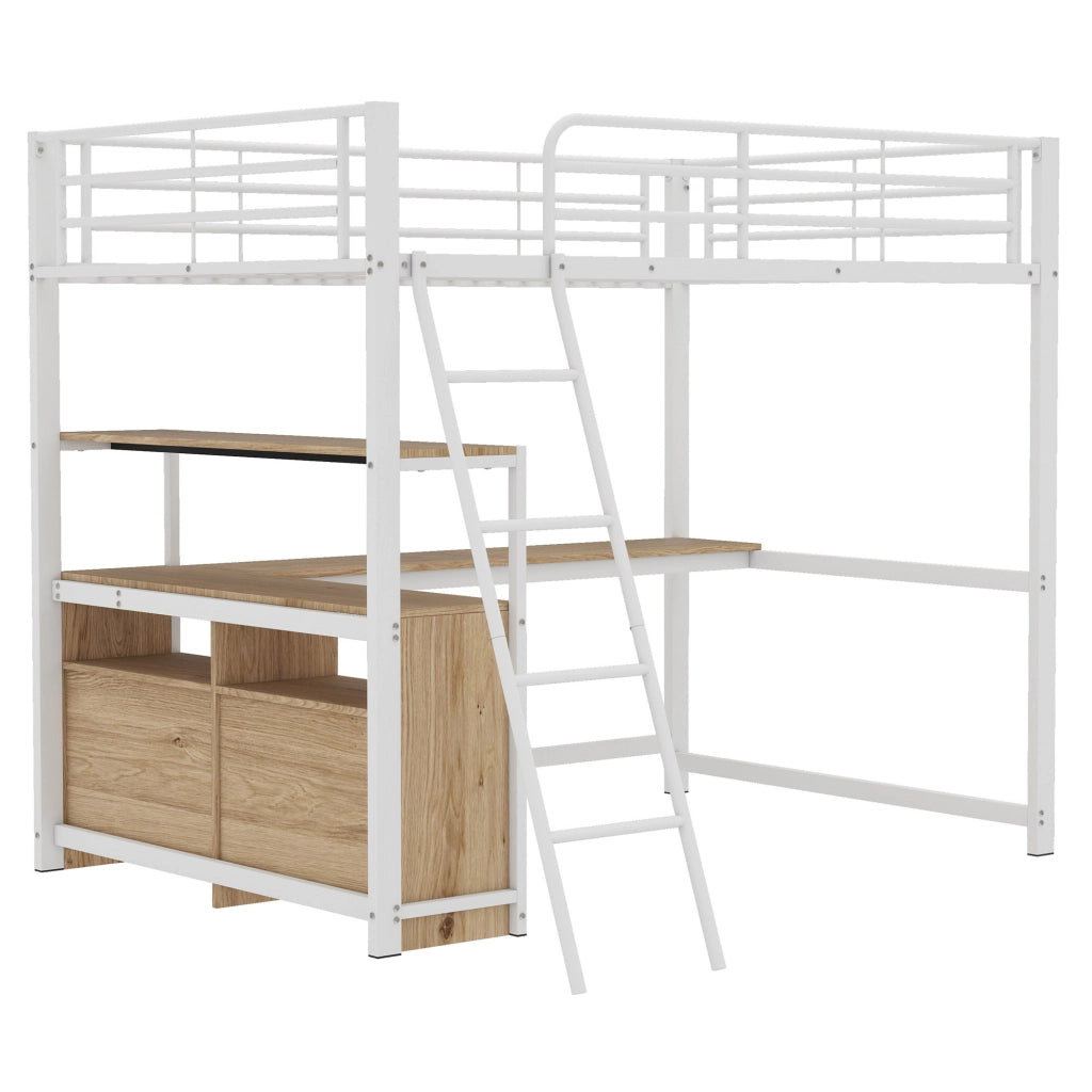 OKWISH Letto a soppalco 140×200 cm, Letto Matrimoniale con Scrivania a L, 4 Cassetti, Mensole e Contenitore, senza Materasso, MDF e Metallo, Bianco