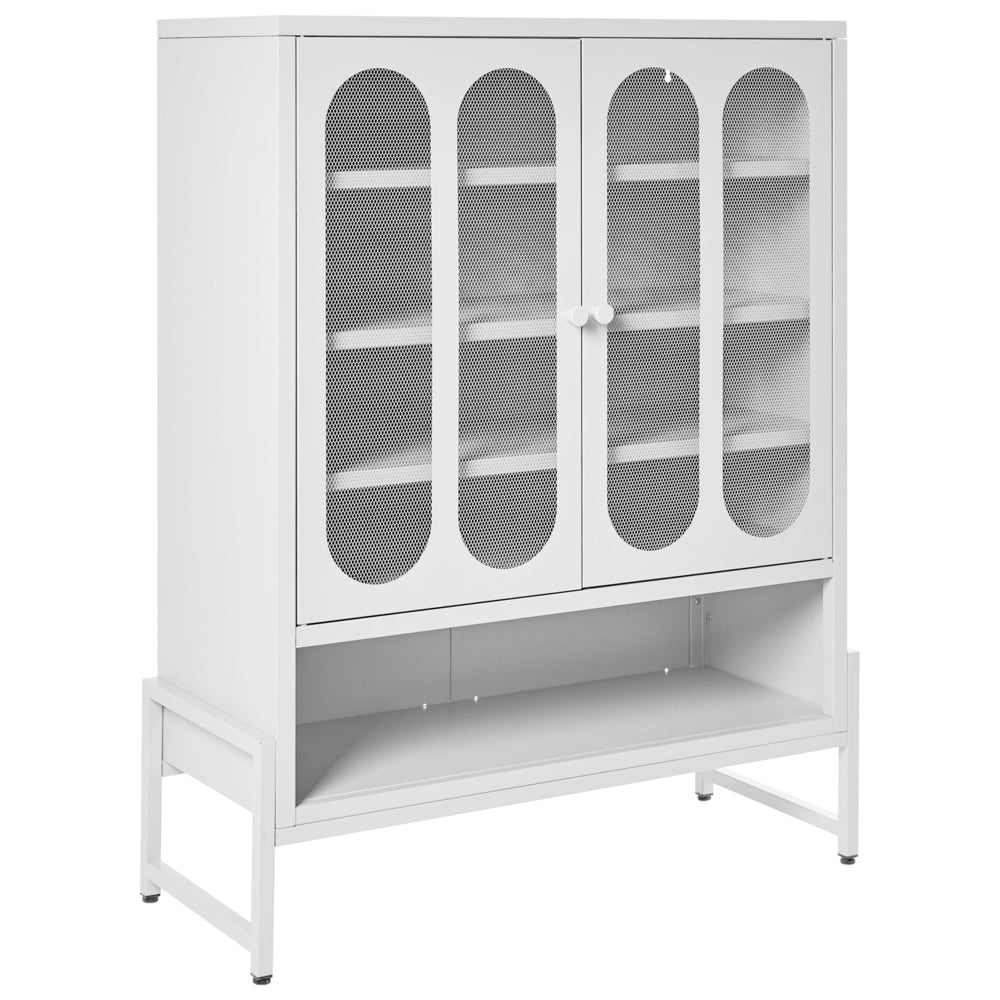 Credenza in acciaio con 2 ante ovali traforate e 5 ripiani bianco menta stile industriale moderna