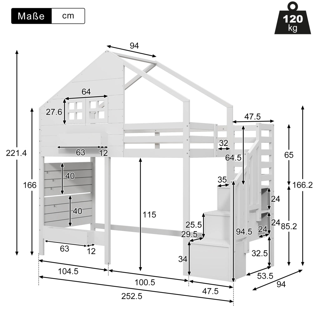 Letto a castello con scala contenitore e finestra; pino e MDF; per materasso 90x200 cm; bianco