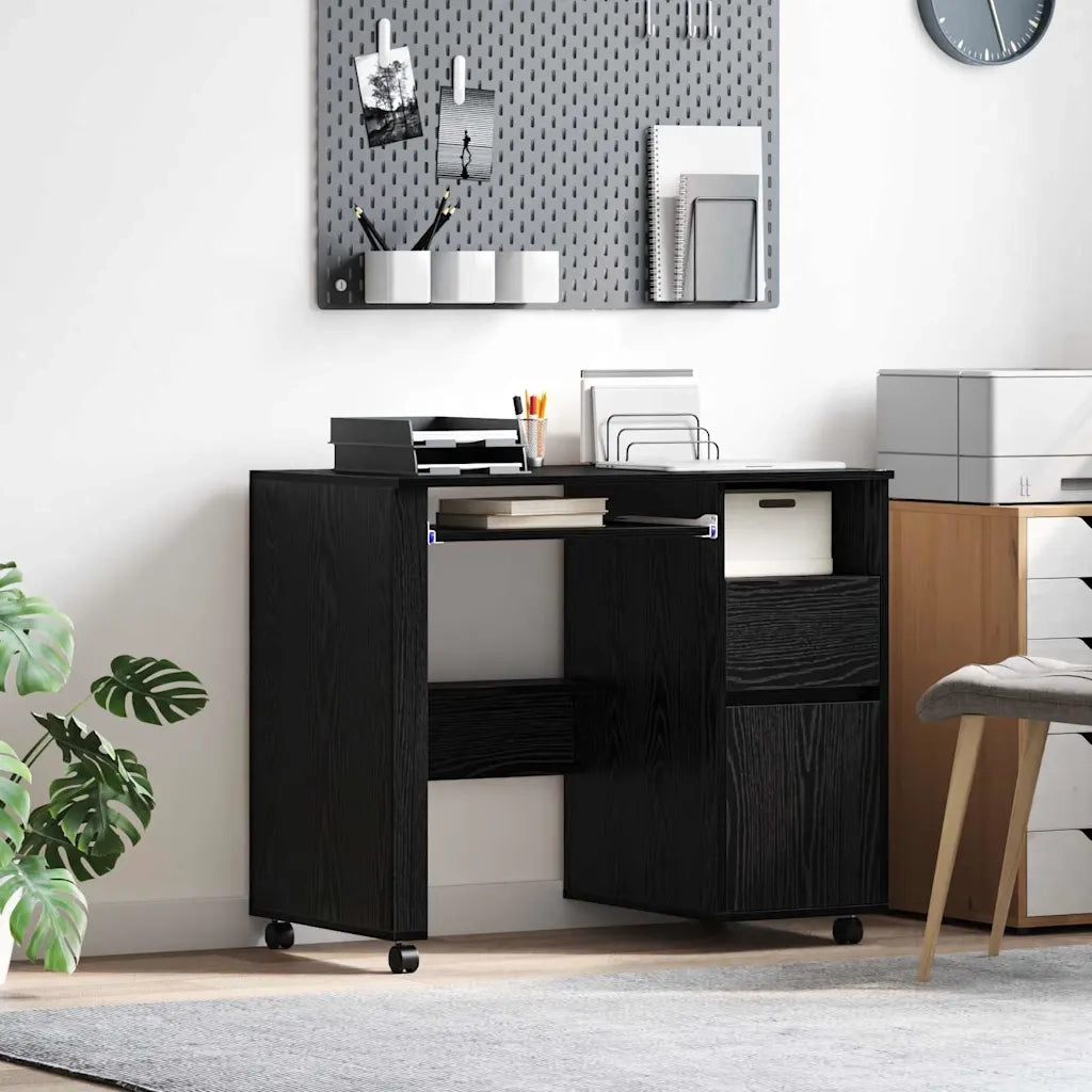 Scrivania | Tavolo da Ufficio con Ruote con cassetto Rovere Nero 91 x 50 x 77 cm