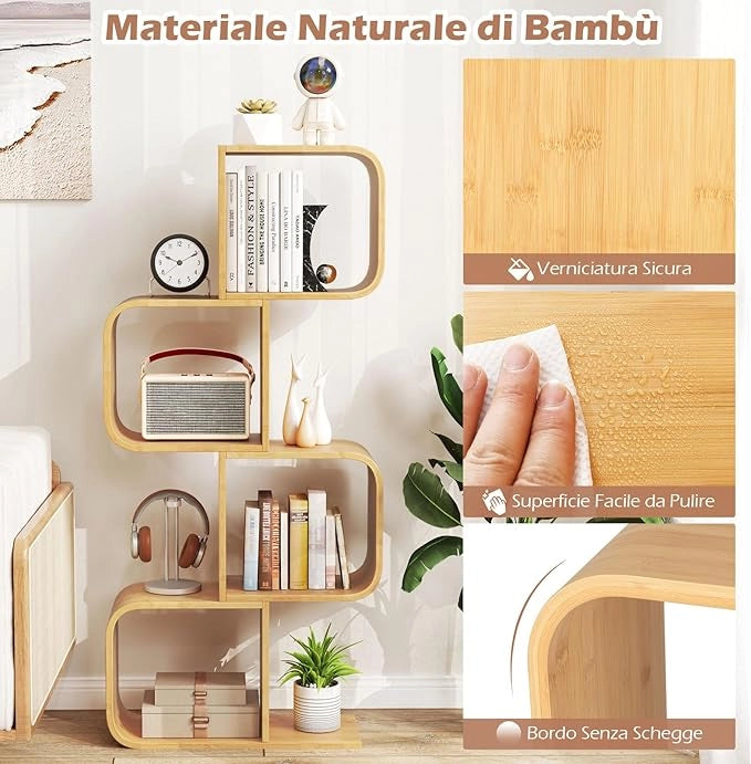 Libreria a 4 Cubi Forma di S, Libreria Bassa Scaffale in Bamboo, Libreria Design Moderna Salvaspazio da Terra, per Soggiorno, Studio e Ufficio, 61 x 23 x 133,5 cm, Naturale (4 Livelli)