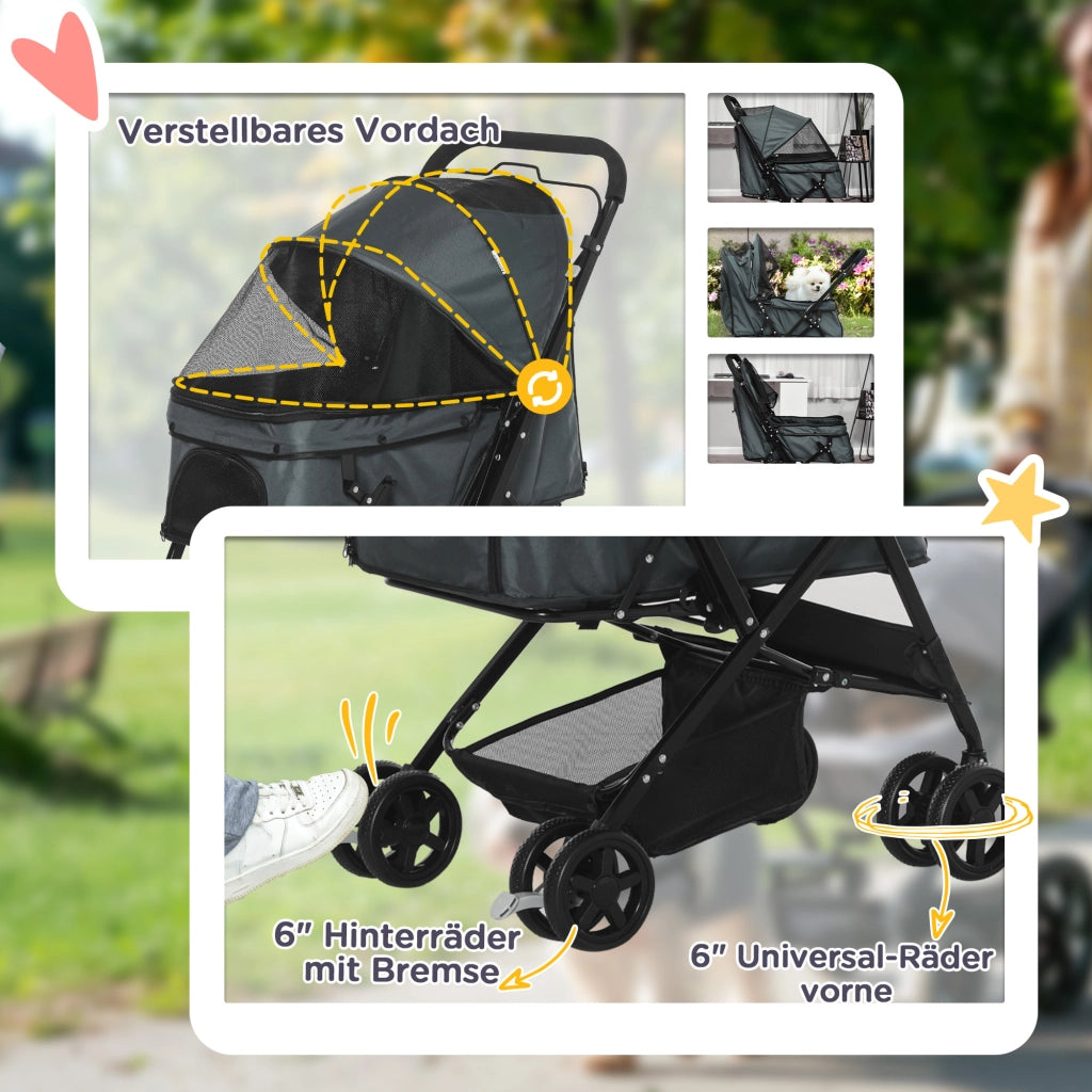 Carrello pieghevole per piccoli cani e gatti con cestino, finestre in rete e ruote girevoli in poliestere grigio scuro