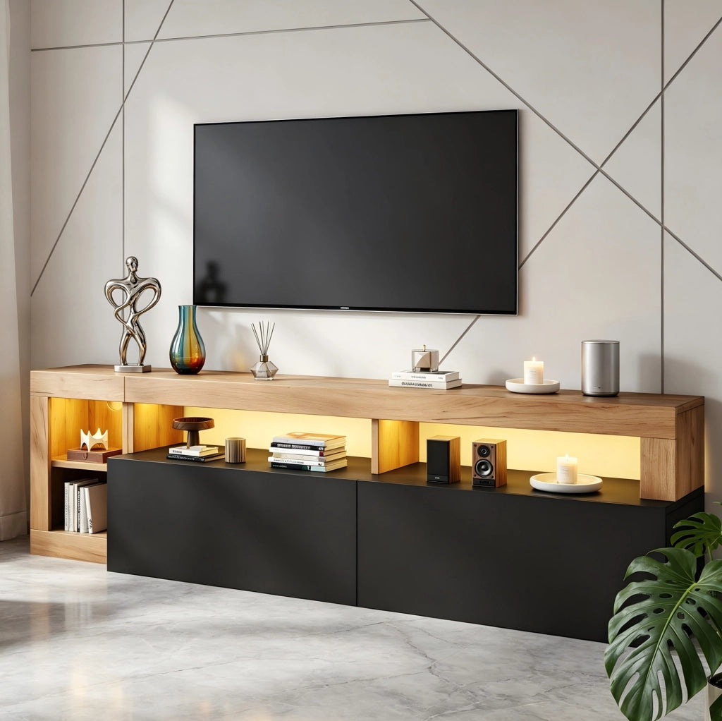 Mobile TV 184x42x58 cm con illuminazione LED e vani aperti in truciolare nero naturale