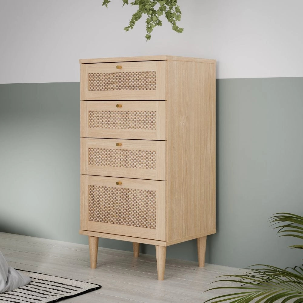 Cassettiera Livia 4 cassetti in rovere con dettagli effetto Rattan 50.4x41.4x109H