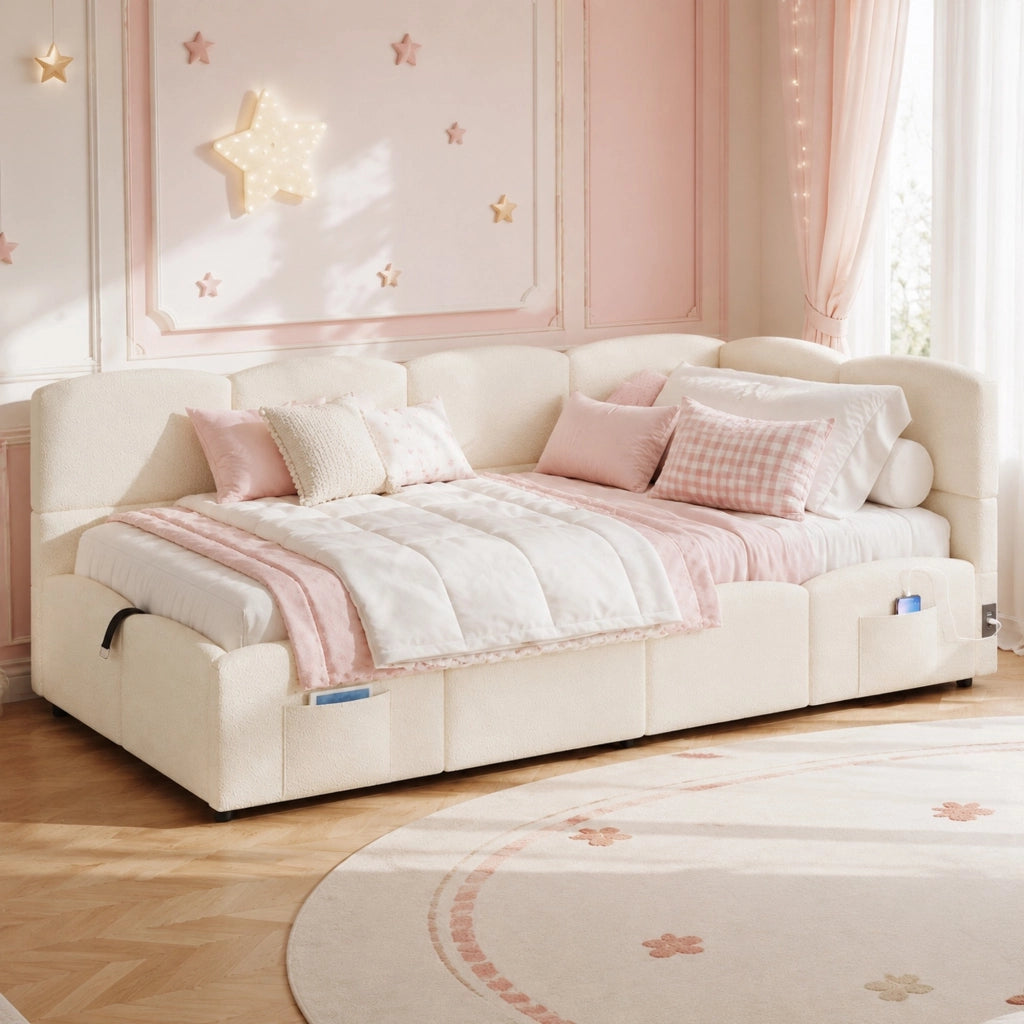 Letto singolo imbottito 90x200 cm in bouclé beige con contenitore idraulico, porte USB-A/USB-C e tasche laterali