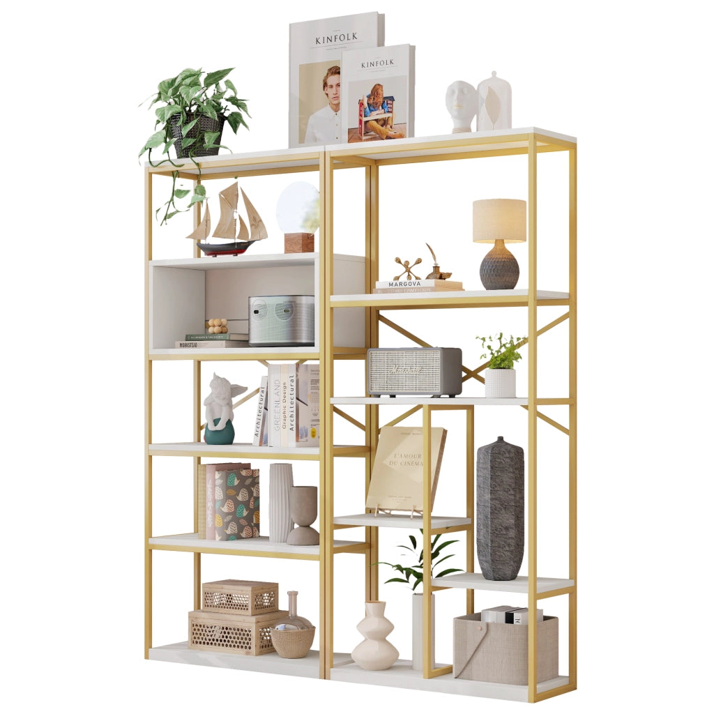 Libreria moderna 160 x 29,5 x 180 cm in MDF e metallo, struttura rettangolare stabile, finitura oro e bianco