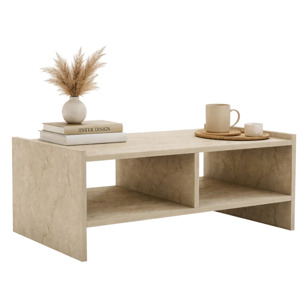 Oria, Tavolino da Salotto 2 Vani, 90x50x35h cm Beige Marmo