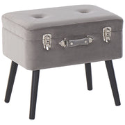 Comodino Sgabello Contenitore gambe nere imbottite in velluto grigio a forma di valigia con bottoni