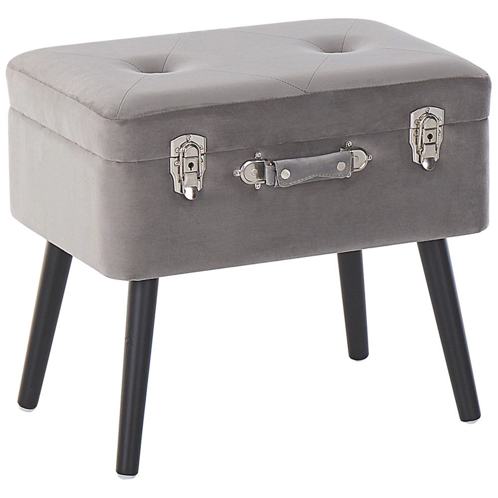 Comodino Sgabello Contenitore gambe nere imbottite in velluto grigio a forma di valigia con bottoni