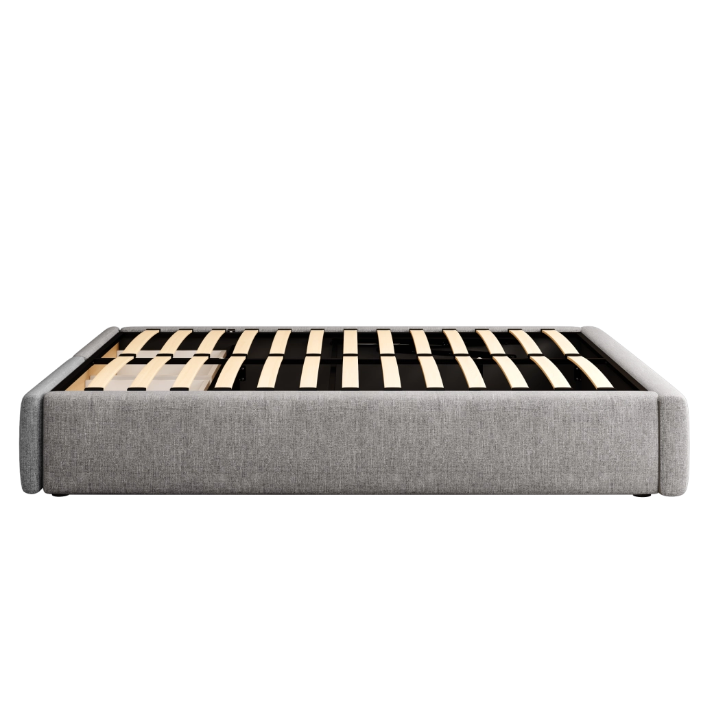 Letto imbottito 140x200 cm; con contenitore idraulico e 2 cassetti; tessuto cotone e lino; grigio
