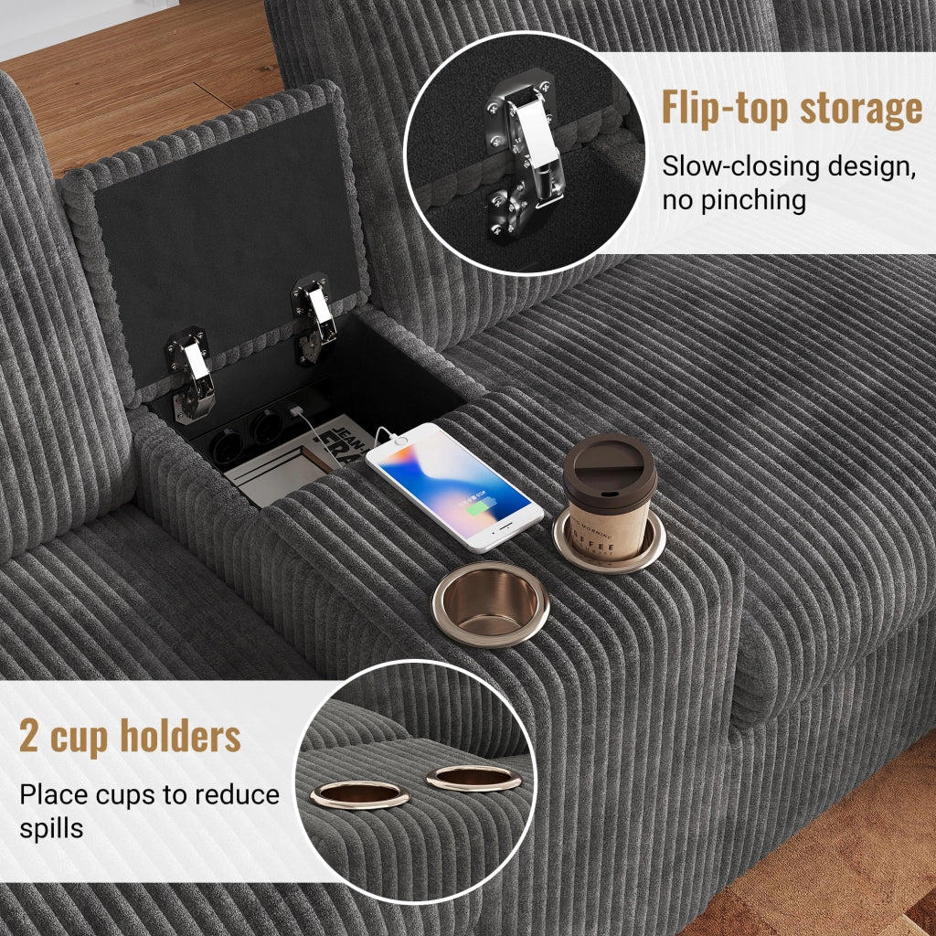 Divano panoramico a U con 2 pouf contenitore, tavolino, 1 USB, 2 Type-C e 2 prese, in velluto a coste Grigio, 315 × 135 × 81 cm