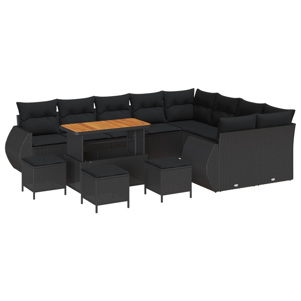 Set di divano da giardino 13 pezzi con cuscini Nero Polyrattan Acacia