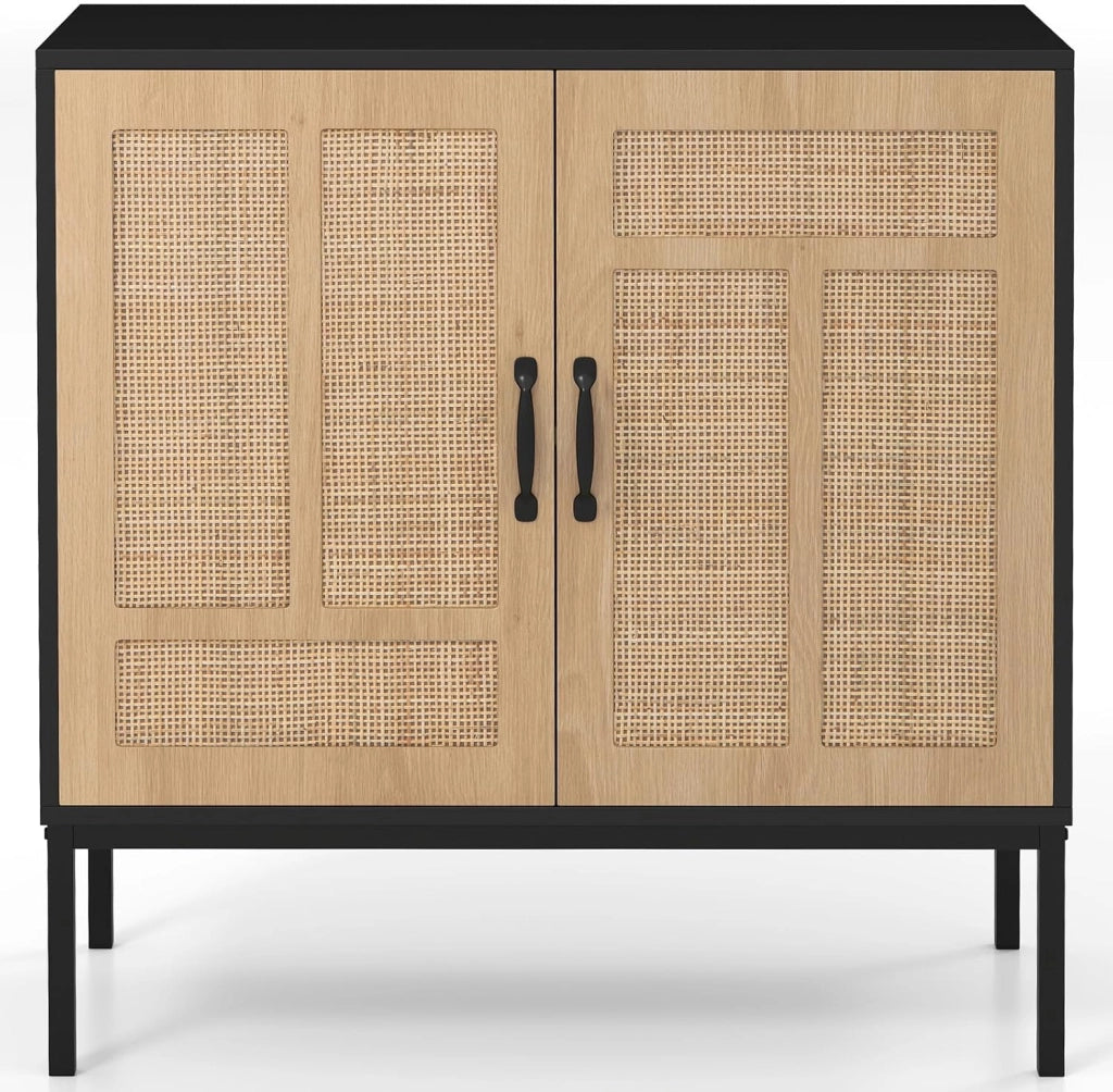 Credenza a buffet da cucina con 2 ante decorate in rattan, mensola regolabile in 3 posizioni, kit antiribaltamento, 80 x 38 x 81 cm, mobile per sala da pranzo, soggiorno (nero)