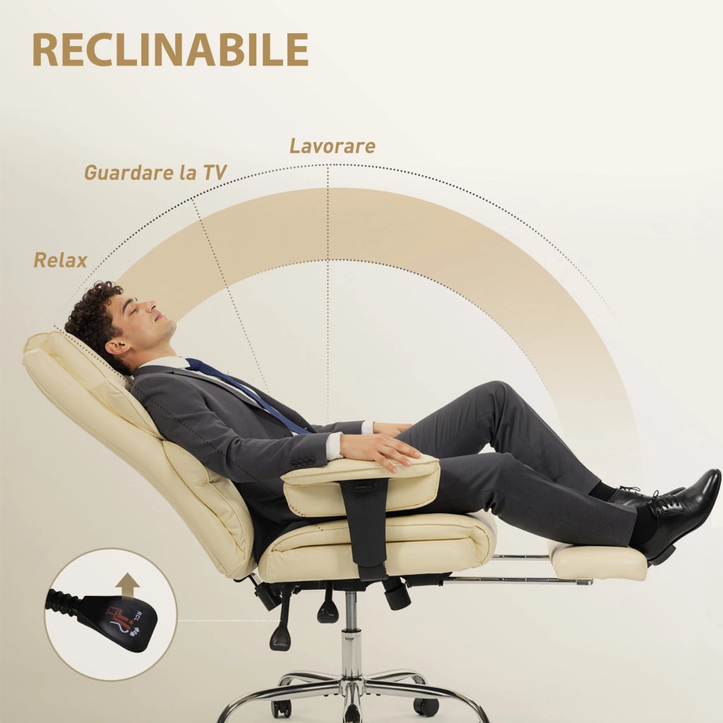Sedia da Ufficio con Poggiapiedi e Poggiatesta, in Pelle PU, Schiuma e Metallo, 76x73x117-125 cm, Bianco Crema
