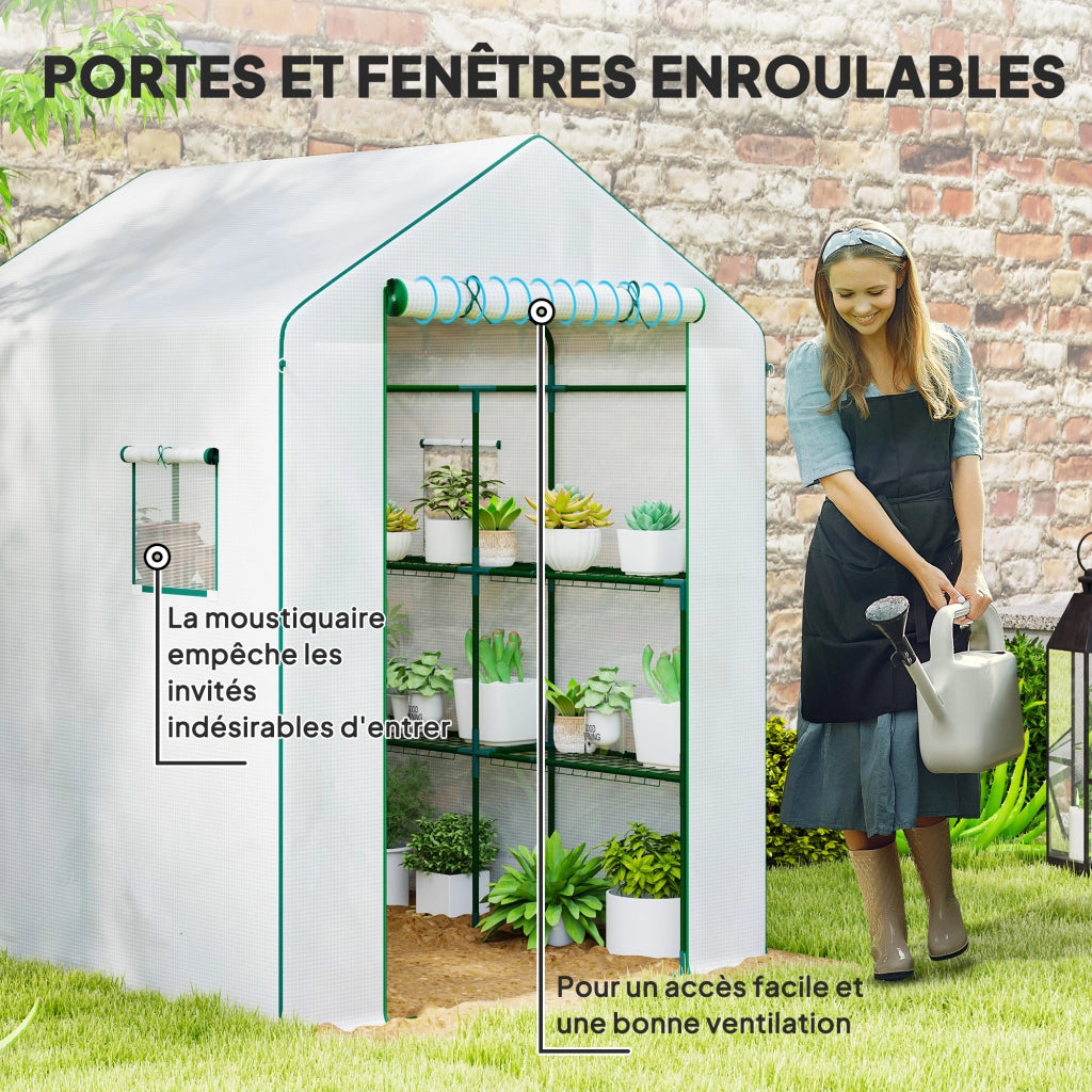 Serra da Giardino con 1 Porta 2 Finestre e Scaffali 3 Livelli ¨C Zephmum ¨C Bianco 140x143x190 cm